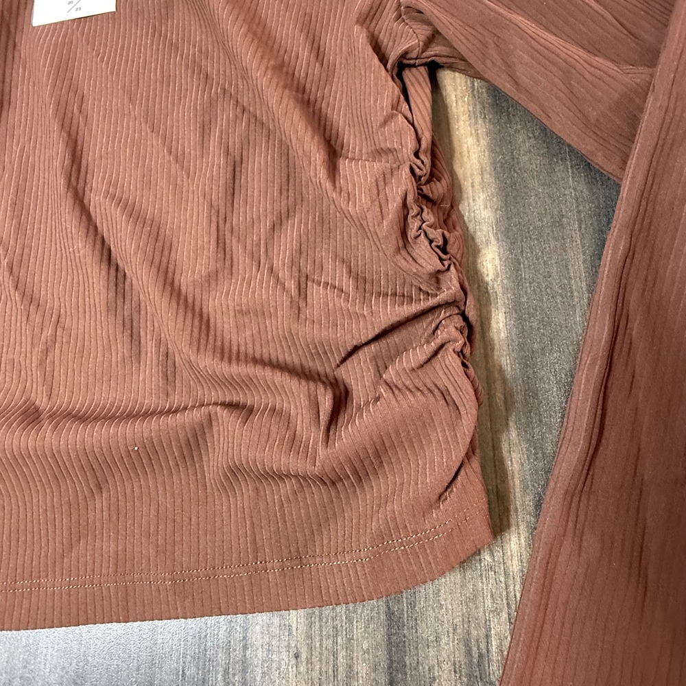 Laslulu Ribbed‎ Crop Top Ruched Long Sleeve Flared Sleeve Brown 2XL - Picture 3 of 5